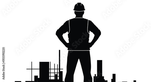 A construction worker stands confidently with hands on hips overlooking a city skyline a striking silhouette high quality