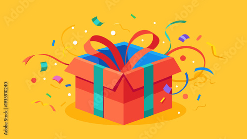 A vibrant gift box adorned with colorful ribbons and confetti on a yellow background. Vector
