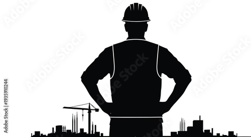 A stark black silhouette of a construction worker overlooks a cityscape symbolizing progress and industry silhouette high quality professional