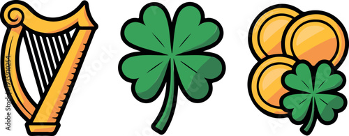 Set of three st patrick's day icons including a golden harp, a four-leaf clover, and golden coins with a shamrock
