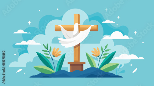 A vibrant illustration of a cross surrounded by clouds and green plants Vector