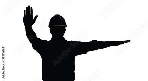 A stark black silhouette depicts a construction worker signaling with a raised hand and outstretched arm silhouette high quality