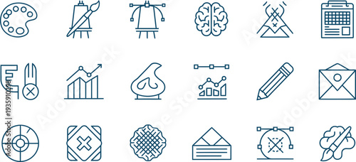Set of 16 business and data analysis icons isolated on transparent background