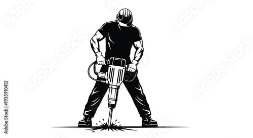 A powerful construction worker operates a jackhammer with focused intensity depicted in a striking black silhouette high quality professional