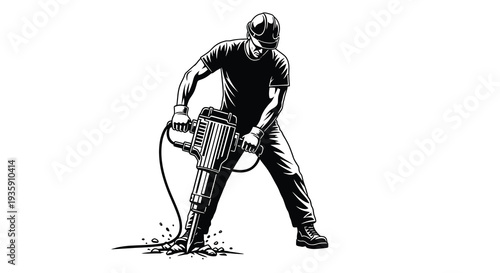 A powerful construction worker operates a jackhammer dynamically breaking ground in a dramatic black silhouette high quality professional detailed