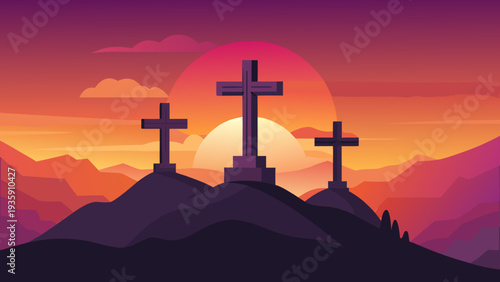 Silhouettes of three crosses on a mountain peak at sunset Vector