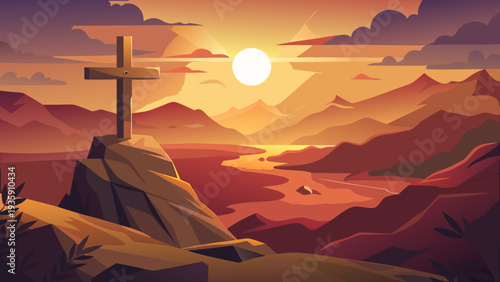 A majestic mountain peak at sunset with a dramatic sky and colorful clouds Vector