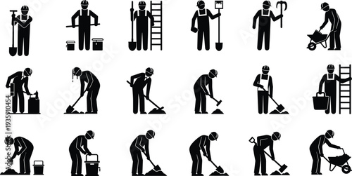Construction worker icon set with stick figure characters digging with shovels using wheelbarrows ladders and painting equipment for manual labor projects