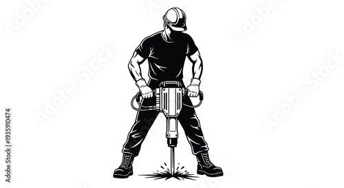 A muscular construction worker powerfully operates a jackhammer displayed in a striking black and white silhouette high quality professional