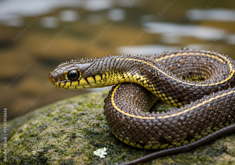 Fototapeta premium Queen snake (Regina septemvittata) resting on a mossy rock near a body of water, its dark scales and vibrant yellow stripes glistening with moisture, showcasing an alert and watchful expression, captu