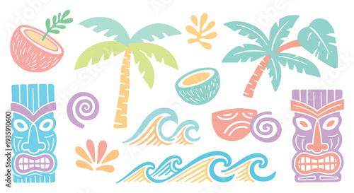 Colorful Tropical Tiki Elements Set – Palm Trees, Waves, Coconut and Polynesian Masks Retro Summer Vector Illustration