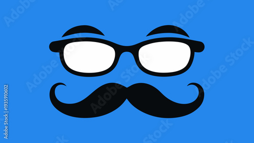 A whimsical illustration of a face with glasses and a mustache on a blue background Vector