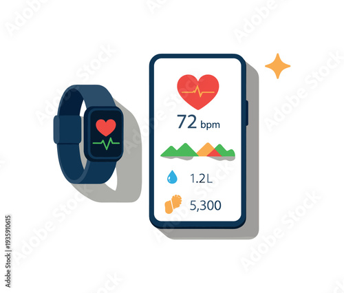 Minimal health monitoring device concept with wearable band sensor icon and phone loosely arranged seen from a top-down angle,