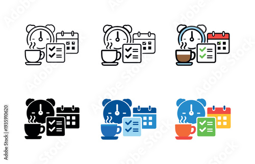 Daily Routine Icons. Everyday routine icon depicting a stylized alarm clock, coffee cup, checklist, and calendar representing