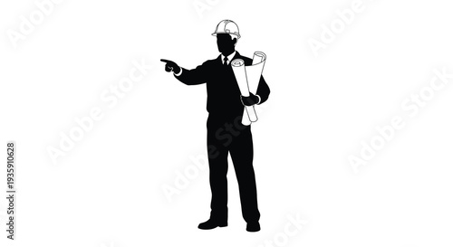 A stark black silhouette depicts a construction worker pointing and holding blueprints showcasing professional expertise silhouette high quality detailed