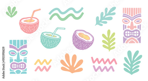 Pastel Tropical Summer Icon Set with Tiki Masks, Coconut Drinks, Leaves and Abstract Waves – Cute Beach Vector Collection