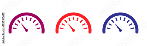 Three colorful speedometer gauges with different color indicators