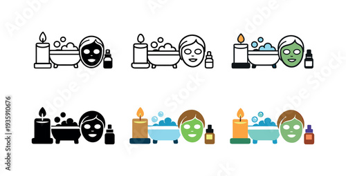 Self-Care Icon Grid. Wellness routine icon featuring a candle, bathtub, face mask, and essential oil bottle, representing daily