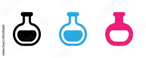 Three colorful laboratory flasks with different colored liquids