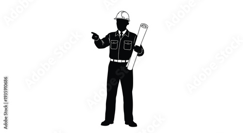 A black silhouette depicts a construction worker pointing and holding blueprints conveying professional expertise and design work silhouette