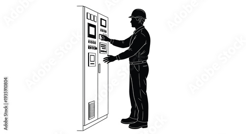 A skilled worker in a hard hat interacts with an industrial control panel depicted as a striking silhouette