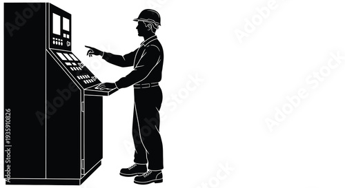 A worker in a hard hat operates complex machinery with a touchscreen interface depicted in a striking silhouette
