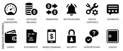 collection of black glyph icons for banking and finance applications, including dashboard, balance, transfers, payments, security, mobile banking features, savings, account management.