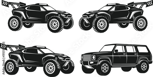 Off Road Truck and SUV Silhouette Set Extreme Rally Vehicle Vector Illustration Isolated on White