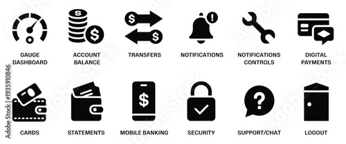 collection of black glyph icons for banking and finance applications, including dashboard, balance, transfers, payments, security, mobile banking features, savings, account management.
