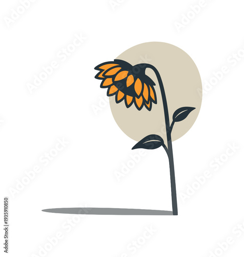 Slim sunflower silhouette slightly tilted shown in side view highlighting head-to-stem proportion, arranged in the right third of