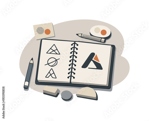 Calm minimal logo design process concept with sketchbook and abstract forms slightly angled for balance shown from above,
