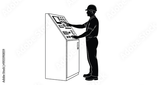 A worker in a hard hat operates industrial machinery with a control panel depicted in striking silhouette high quality