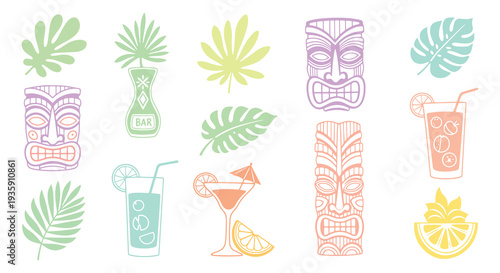 Colorful Tropical Tiki Icon Set with Palm Trees, Pineapple and Summer Cocktails – Retro Beach Vector Collection