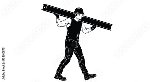 A strong construction worker carries a long metal beam on his shoulder depicted in a striking silhouette high quality