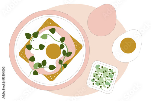 Healthy spring breakfast with avocado and egg toast on a plate, raw and boiled egg. Wellness Easter concept. Vector illustration.