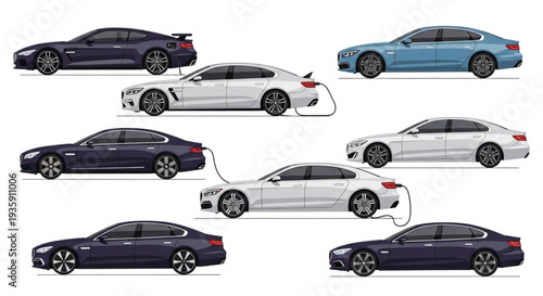 Collection of modern electric sedans in various colors.