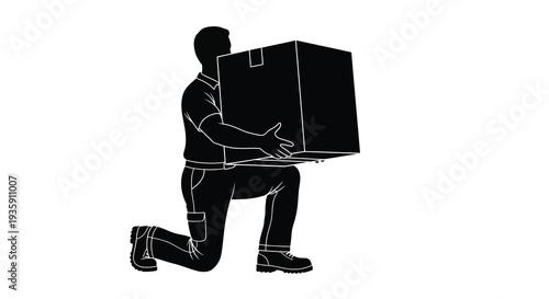 A man is depicted kneeling while carrying a large heavy cardboard box on his back a striking silhouette