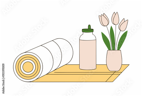 Rolled yoga mat, bottle, and tulips in a pot on a shelf. Wellness Easter concept vector illustration for fitness and meditation
