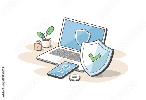 Calm cybersecurity protection concept with shield and device slightly angled for balance shown from above, arranged in the right