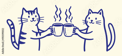 Cute Cats Clinking Coffee Mugs – Minimalist Hand Drawn Cat Line Art Illustration
