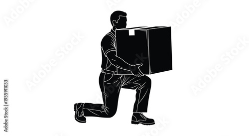 A stark black silhouette depicts a person kneeling while carrying a large cardboard box suggesting movement and labor silhouette