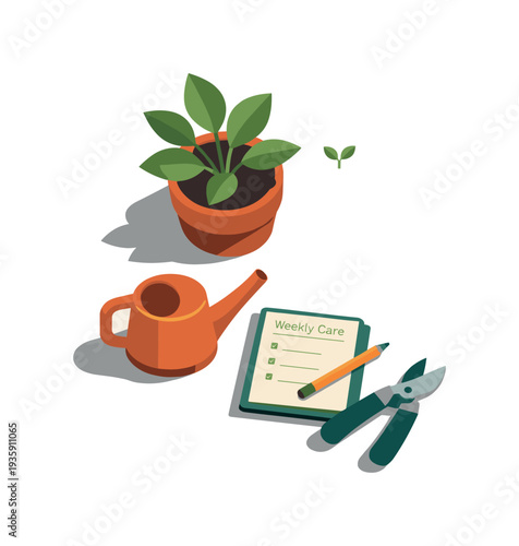 Minimal plant care weekly routine concept with potted plant watering can notebook and pruning shears loosely arranged seen from a