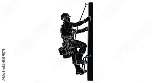 A lineman meticulously ascends a utility pole secured with safety gear depicted in a striking black silhouette high quality