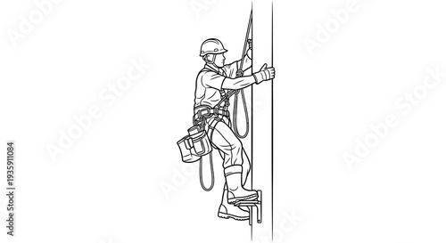 A detailed line drawing depicts a construction worker ascending a vertical structure emphasizing safety gear and technique silhouette