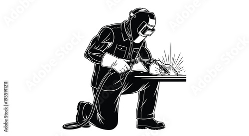 A skilled welder is actively working sparks flying from the metal as he kneels depicted in silhouette high quality
