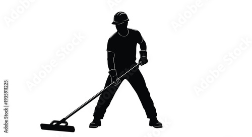 A full body depiction of a worker with a broom leaning forward in a dynamic pose presented as a silhouette