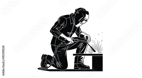 A skilled welder intensely focuses on their work creating sparks and joining metal depicted as a silhouette high quality