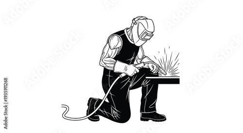 A skilled welder intensely focused on their work sparks flying from the metal presented as a striking silhouette