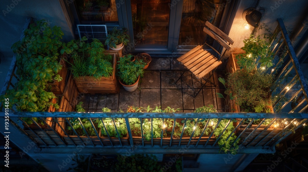 Obraz premium Cozy urban balcony vegetable garden at night with glowing string lights and single green chair above city street
