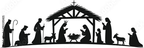 Christmas nativity scene silhouette with baby Jesus, Mary, Joseph, wise men and shepherds in Bethlehem stable, Christian holiday birth of Christ concept isolated.